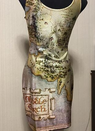 Платье мини принт карта бежевое еластичное 7