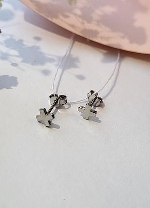 Срібні сережки (пара) пусети гвоздики на фіксаторах хрест без каменів срібло 925 покрито родієм 1219 0.58г