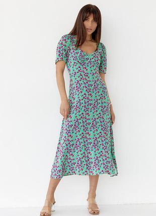 Сукня міді з розрізом у квітковий принт — зелений колір, s (є розміри)