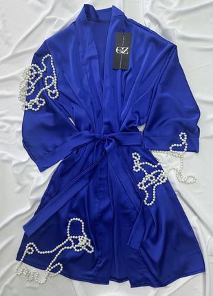 Элегантный домашний шелковый халат (синий)