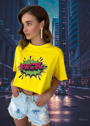 Женская молодежная девчачья футболка укороченная топ с ярким принтом фак fuck