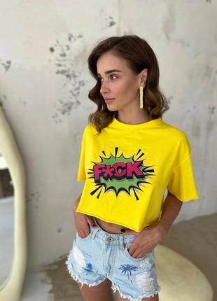 Женская молодежная девчачья футболка укороченная топ с ярким принтом фак fuck7 фото