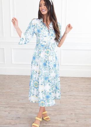 Zara платье-рубашка миди  с цветочным принтом и поясом