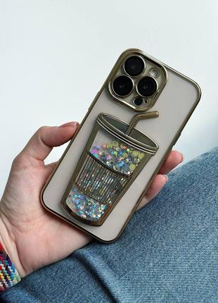 Прозрачный чехол с переливающимся стаканчиком iphone 14, 14 pro, 14 pro max