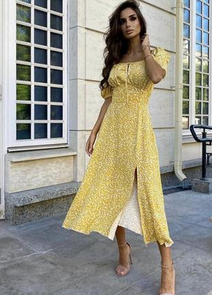🎨4 кольори! шикарне жіноче плаття міді в квіти жовте жовтий платте сукня миди желтая женская