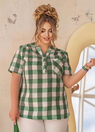 Блузка большие размеры прямая на кокетке застежка пуговицы на планочке рукав короткий по бокам разрезы заокруглены ткань смесовая на основе коттона