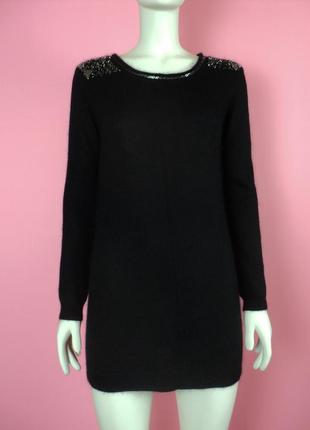 Теплое зимнее мохеровое платье свитер шерстяное черное длинным рукавом вышивкой бисер