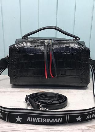 Женская кожаная сумка черная со структурой крокодила жіноча шкіряна чорна