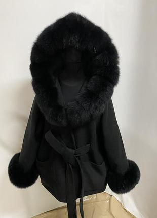 Чорне кашемірове пальто з натуральним хутром песця, чорне пальто з натуральним хутром2 фото