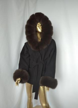 Натуральное кашемировое пальто черного цвета с натуральным мехом,кашемировое короткое пальто с мехом9 фото