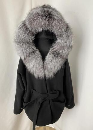 Натуральное кашемировое пальто черного цвета с натуральным мехом,кашемировое короткое пальто с мехом3 фото