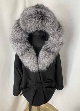 Натуральное кашемировое пальто черного цвета с натуральным мехом,кашемировое короткое пальто с мехом5 фото