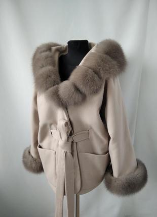 Кашемірове пальто з натуральним хутром песця, стильне пальто з натуральним хутром песця