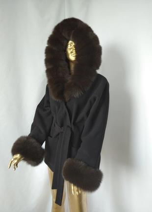 Черное кашемировое пальто с мехом песца, натуральное пальто с мехом песца, пальто с мехом песца 2024