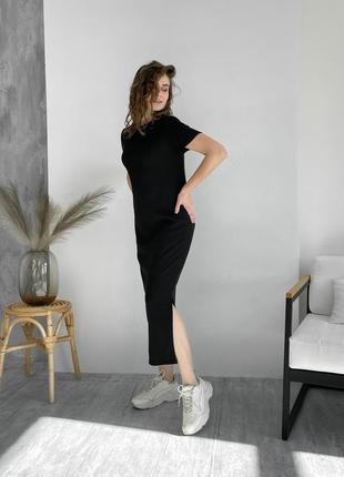 Трендовое платье женское платье  свободное платье с разрезом платье в рубчик платье футболка длинное платье бренд merlini модное платье чорное платье5 фото