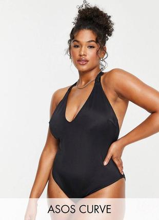 Чорний стягуючий суцільний купальник asos великий розмір, щільний, стяжка по всьому купальнику