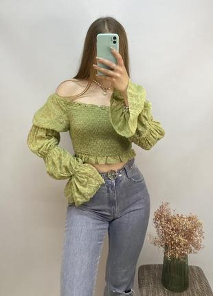Shein топ топик резинка блуза блузка з спущеними рукавами5 фото
