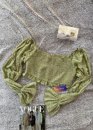Shein топ топик резинка блуза блузка з спущеними рукавами3 фото