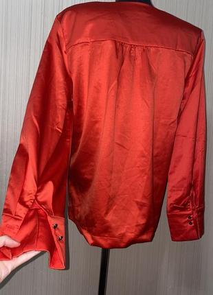 Красная морковная атласная сатиновая блуза с обьемными рукавами2 фото