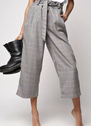 Шикарные итальянские брюки кюлоты серые клетка с поясом 70% коттон
