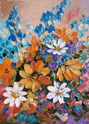 Красочная картина цветы, букет масляными красками, маслом  на двп 20х20 см