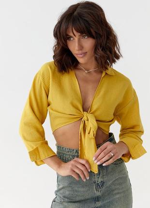 Жіноча укорочена блуза на запах — гірчичний колір, l (є розміри)1 фото