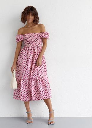 Платье в мелкие цветы с открытыми плечами - розовый цвет, m (есть размеры)