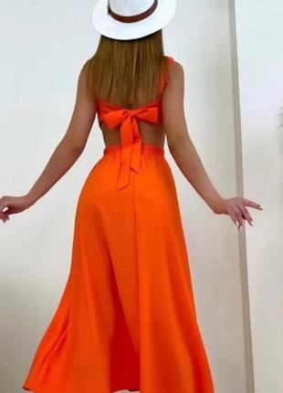 Лляна сукня міді на резиночці з зав`язками плаття довга біла бежева помаранчева комфортна стильна трендова якісна