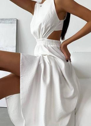 Льняное платье миди на резиночке с завязками платье длинная белая бежевая оранжевая комфортная стильная трендовая качественная6 фото