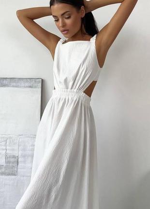 Льняное платье миди на резиночке с завязками платье длинная белая бежевая оранжевая комфортная стильная трендовая качественная5 фото