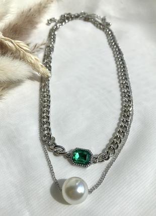 Двойная цепочка с жемчужиной и камнем