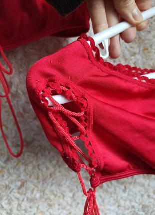 Жіночий купальник на зав'язках брендовий червоний зі шнурівкою g world collection9 фото
