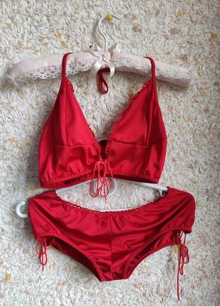 Жіночий купальник на зав'язках брендовий червоний зі шнурівкою g world collection