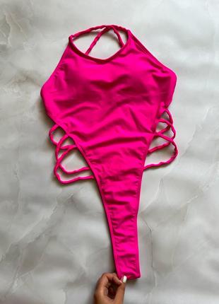 Сплошной слитный сдельный купальник розовый неон стриги бикини высокая посадка бикини