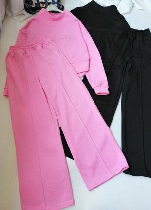 Стильний костюм штани палаццо довгі широкі укорочений світшот з широкою горловиною рожевий розмір м4 фото