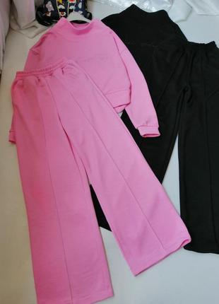 Стильний костюм штани палаццо довгі широкі укорочений світшот з широкою горловиною рожевий розмір м9 фото