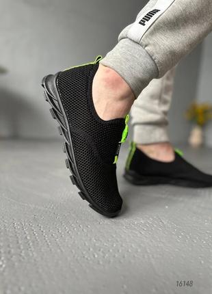 Чорні салатові текстильні кросівки мокасини без шнурків легкі літні чоловічі текстиль6 фото