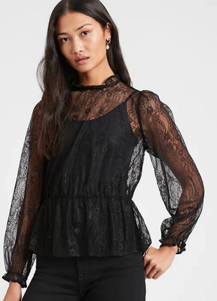 Черная блузка женская кружевная нарядная блуза прозрачная стильная сексуальная с воланами