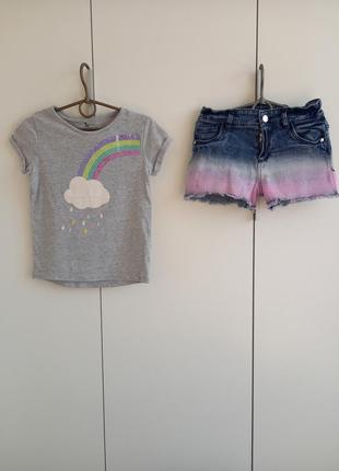 Набір літній костюм для дівчинки 8-9 років : футболка нарядна і джинсові шорти1 фото
