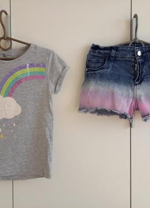 Набір літній костюм для дівчинки 8-9 років : футболка нарядна і джинсові шорти2 фото