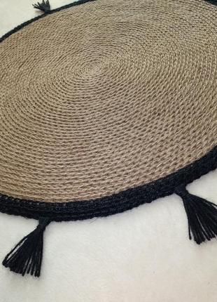 Плетеный круглый коврик с черными кистями/джутовый эко-коврик/ ковер из джута бохо,...