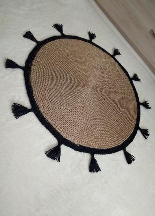 Плетеный круглый коврик с черными кистями/джутовый эко-коврик/ ковер из джута бохо,...