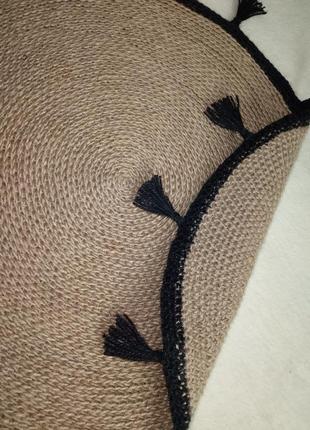 Плетеный круглый коврик с черными кистями/джутовый эко-коврик/ ковер из джута бохо,...