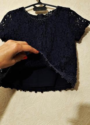 Next красивая тёмно-синяя кофточка блуза кружевная короткие рукавчики летняя на девочку 7-8лет4 фото