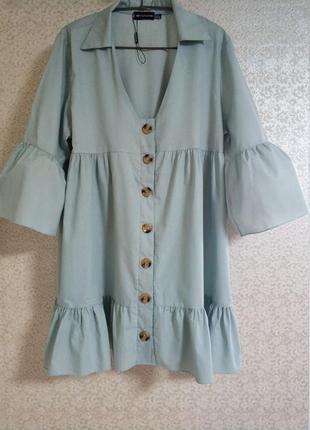 Стильное платье-рубашка платья рубашка рубашка рюши пышные рукава оверсайз,v-образный вырез бренд pretty little things, р.16.