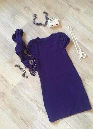 Тёплое фиолетовое платье туника с шарфом5 фото