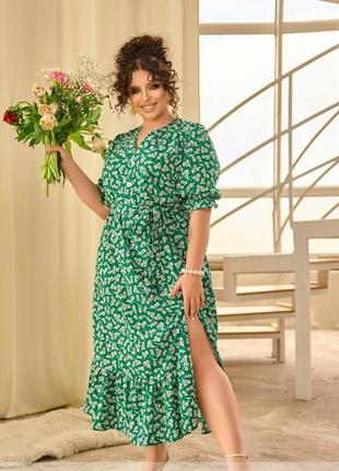 Платье - макси женское длинное летнее, батал большие размеры, зеленое в цветочный принт