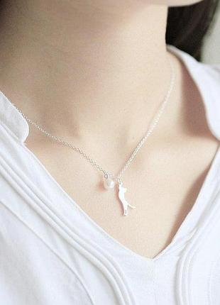 Подвеска кошка с жемчугом, цепочка с кулоном кот с шариком, серебряное покрытие 925 пробы, длина 40+4 см