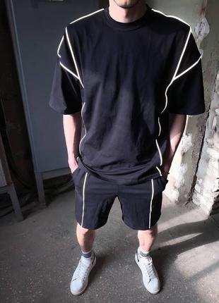 Костюм мужской футболка и шорты черный комплект полосы рефлектив