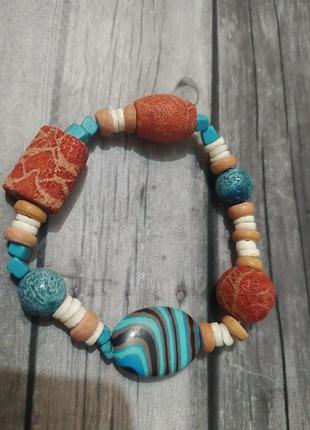 Браслет губчатый коралл, натуральные камни, ракушки, керамика